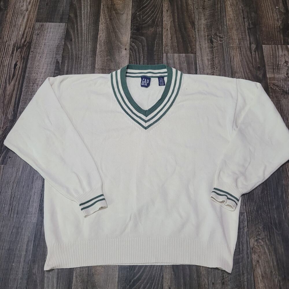 Gap Sweater Vintage V Neck Size XL White Green Preppy Old Money